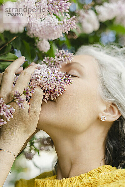 Schöne Frau duftet nach lila Blüten eines Baumes im Park