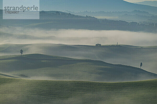 Italien  Toskana  Volterra  hügelige Landschaft an einem nebligen Morgen