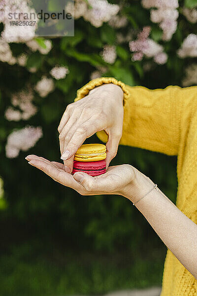 Frau hält Makronen im Park