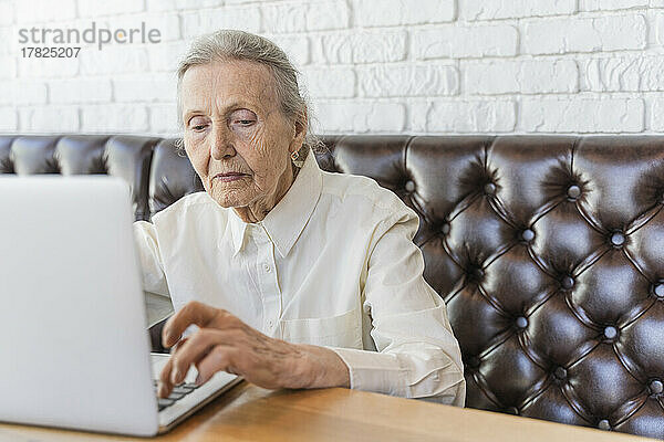 Senior woman using laptop in cafe