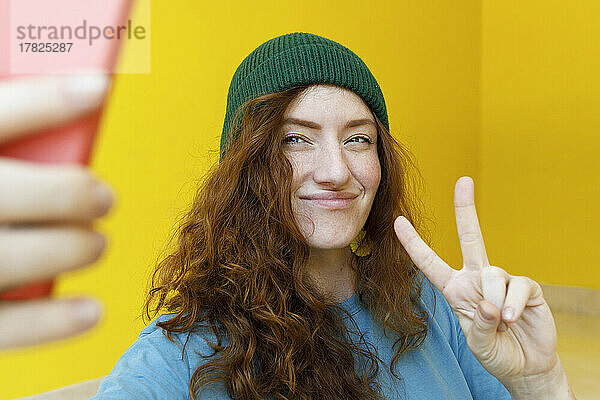 Lächelnde Frau grün mit Strickmütze macht zu Hause ein Selfie mit dem Smartphone