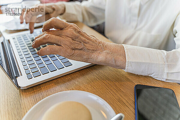 Hände einer älteren Frau  die im Café einen Laptop benutzt