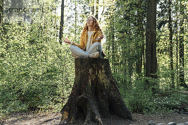 Young woman meditating on tree stump in forest