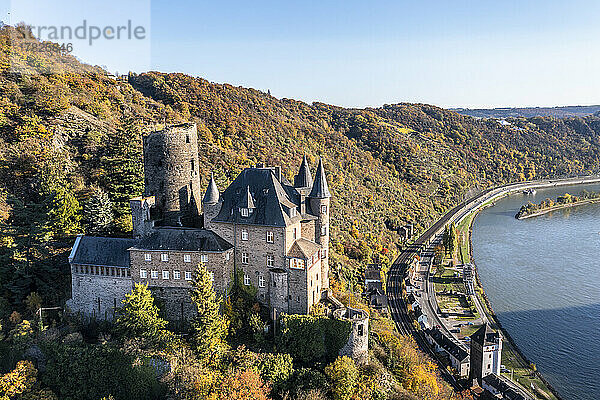 Germany  Rhineland-Palatinate  Sankt Goarshausen  Helicopter view of Katz Castle in autumn