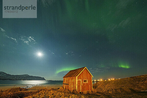 Rote Holzhütte am Sandstrand  beleuchtet vom Mond während der Aurora Borealis (Nordlicht)  Ramberg  Landkreis Nordland  Lofoten  Norwegen  Skandinavien  Europa