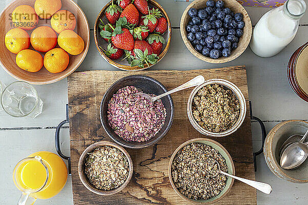 Zutaten für ein gesundes Frühstück mit Granola und Obst