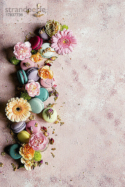 Bunte Macarons dekoriert mit Blüten