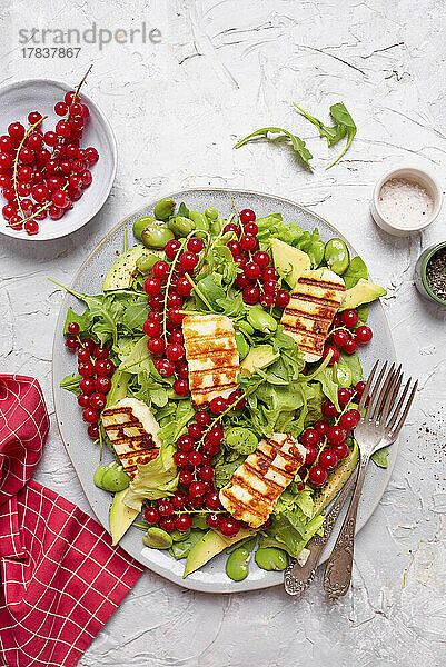Salat mit Rucola  Avocado  Saubohnen  Halloumi und roten Johannisbeeren