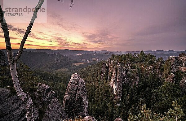 Blaue Stunde  Felsen im Elbsandsteingebirge bei Dresden  Deutschland  Europa