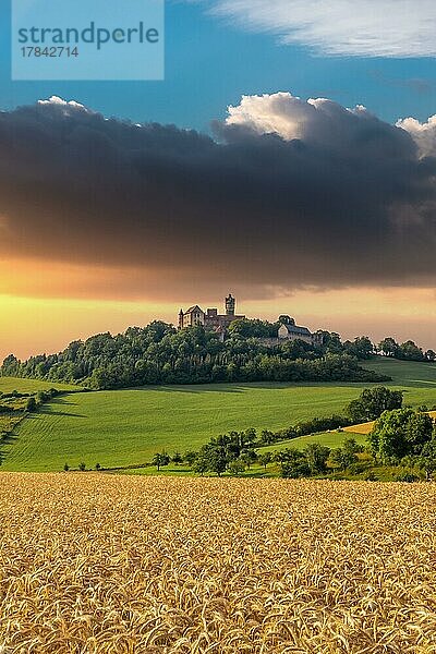 Eine Burg in einer Landschaft mit gedreidefeld und sonnenuntergang  Ronneburg  ronneburg  hessen  Deutschland  Europa