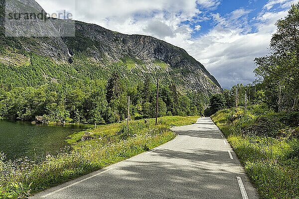 Einspurige Landstraße durch Tal  Fluss Aura  typische Landschaft mit hohen Bergen im Sommer  Eikesdal  Eikesdalen  Molde  More og Romdal  Norwegen  Europa