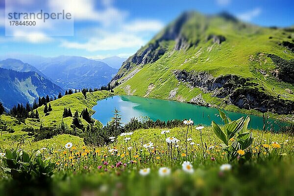 Der Seealpsee ist ein Hochgebirgssee mit fantastischem Alpenblick und Blumenwiese im Vordergrund. Oytal  Allgäuer Alpen  Bayern  Deutschland  Europa
