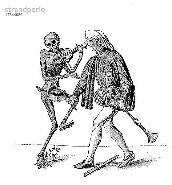 Der Tod und die Spelunke  Musikant  aus dem Totentanz  auch Danse Macabre genannt  Basel  1440  Schweiz  digital restaurierte Reproduktion einer Originalvorlage aus dem 19. Jahrhundert  genaues Originaldatum nicht bekannt  Europa
