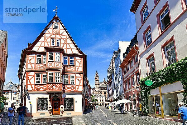 Historisches Stadtzentrum von Mainz mit alten traditionellen Fachwerkhäusern und dem Dom im Hintergrund an einem sonnigen Sommertag  Mainz  Deutschland  Europa