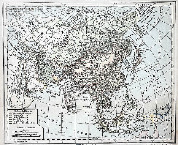 Landkarte von Asien aus dem Jahre 1880  Historisch  digital restaurierte Reproduktion einer Originalvorlage aus dem 19. Jahrhundert  genaues Originaldatum nicht bekannt