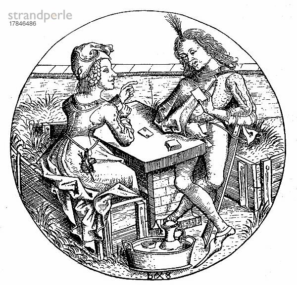 Verlorener Teil  ein Mann und eine Frau spielen Karten  Kartenspieler im 15. Jahrhundert  Deutschland  digital restaurierte Reproduktion einer Originalvorlage aus dem 19. Jahrhundert  genaues Originaldatum nicht bekannt  Europa