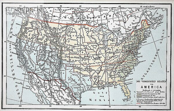 Landkarte von Nordamerika aus dem Jahre 1880  Historisch  digital restaurierte Reproduktion einer Originalvorlage aus dem 19. Jahrhundert  genaues Originaldatum nicht bekannt