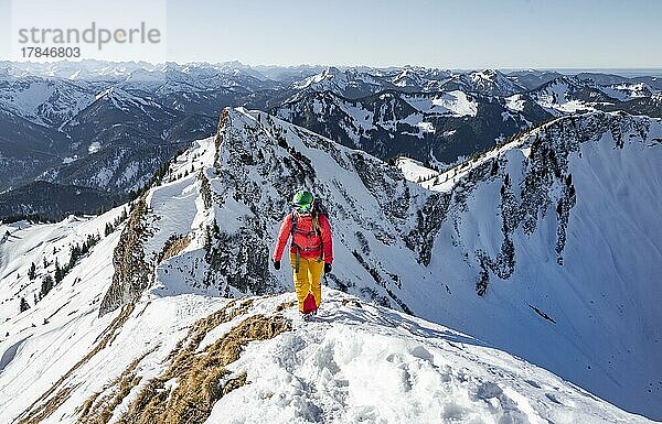 Skitourengeher im Winter auf der schneebedeckten Rotwand  Berge im Winter  Schlierseer Berge  Mangfallgebirge  Bayern  Deutschland  Europa