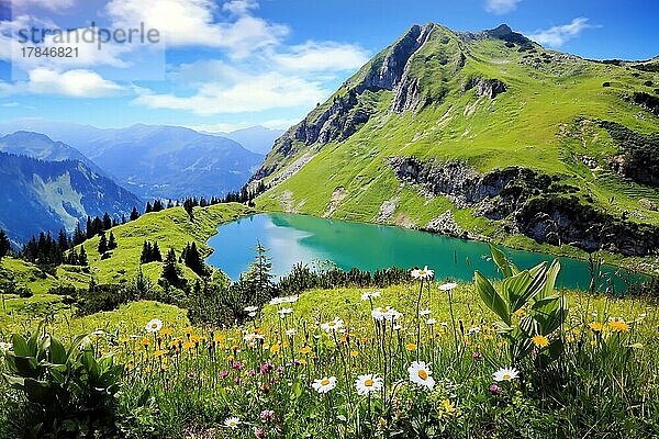 Der Seealpsee ist ein Hochgebirgssee mit fantastischem Alpenblick und Blumenwiese im Vordergrund. Oytal  Allgäuer Alpen  Bayern  Deutschland  Europa