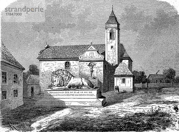 Der Löwe von Aspern ist ein von Anton Dominik Fernkorn errichtetes Kriegerdenkmal  das 1858 auf dem Asperner Heldenplatz in einem Wiener Bezirk aufgestellt wurde. digital restaurierte Reproduktion einer Originalvorlage aus dem 19. Jahrhundert  genaues Originaldatum nicht bekannt