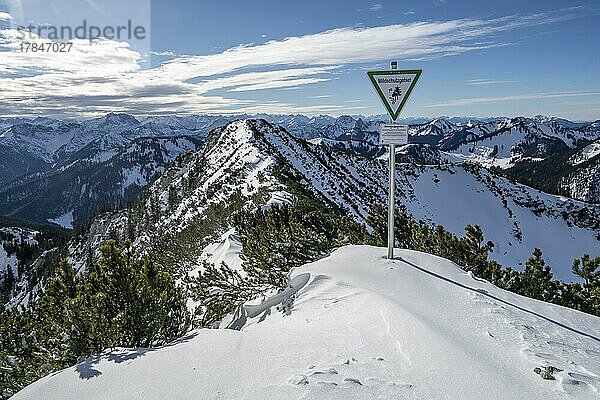 Wildschutzgebiet  Schild am Gipfel des Jagerkamp  Berge im Winter  Schlierseer Berge  Mangfallgebirge  Bayern  Deutschland  Europa