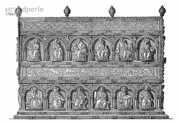 Liturgische Geräte des Mittelalters  Reliquienschrein der heiligen drei Könige  im Dom zu Köln  digital restaurierte Reproduktion einer Originalvorlage aus dem 19. Jahrhundert  genaues Originaldatum nicht bekannt