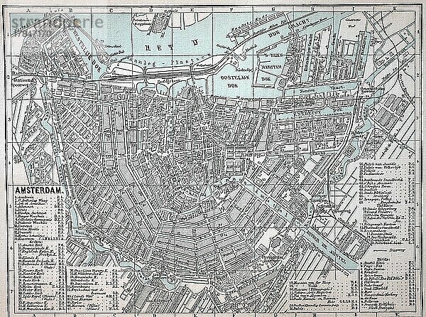 Stadtplan von Amsterdam  um 1880  Niederlande  Holland  Historisch  digital restaurierte Reproduktion einer Originalvorlage aus dem 19. Jahrhundert  genaues Originaldatum nicht bekannt  Europa
