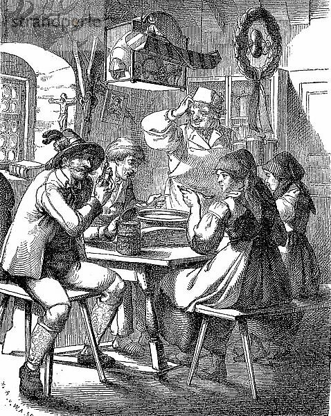 Menschen beim Essen in einem bayerischen Gasthaus im Hochland  Bayern  Deutschland  digital restaurierte Reproduktion einer Originalvorlage aus dem 19. Jahrhundert  genaues Originaldatum nicht bekannt  Europa