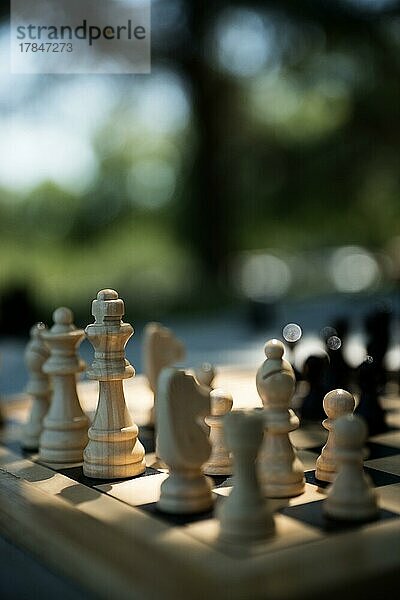 Schachspiel  Holzfiguren  Außenaufnahme  schwache Tiefenschärfe