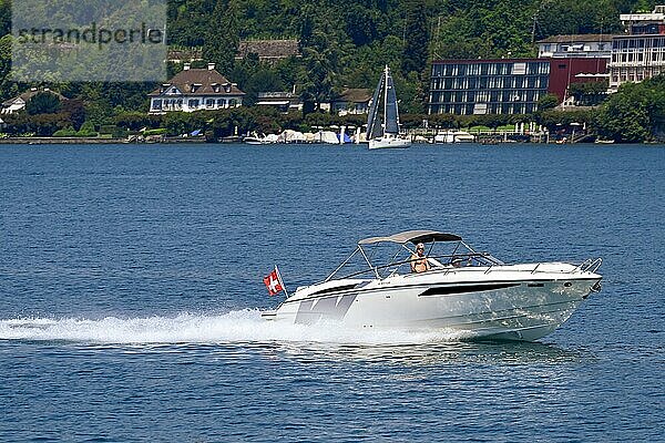 Motorboot und Seeufer  Luzern  Schweiz  Europa