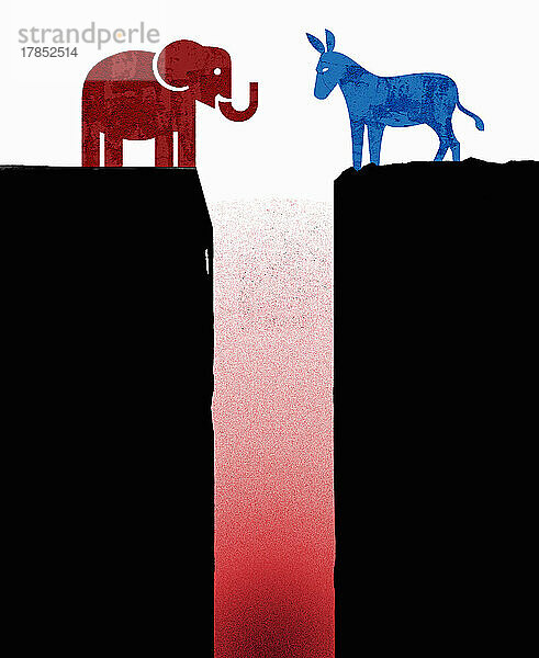 Demokratischer Esel und republikanischer Elefant kämpfen auf gegenüberliegenden Klippen gegeneinander