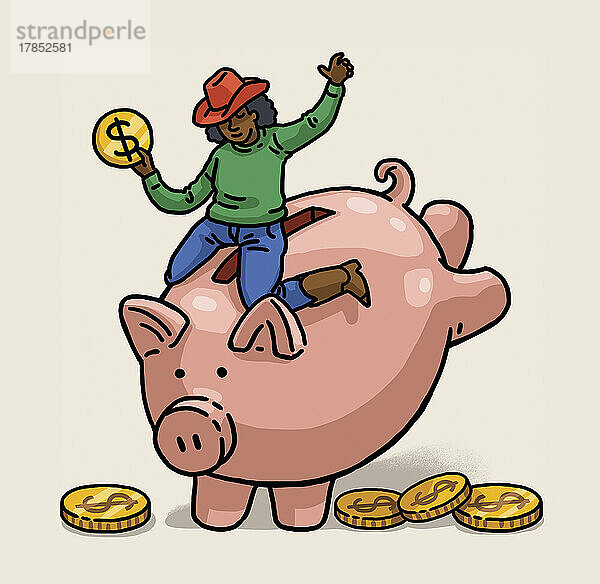 Rodeoreiterin auf Sparschwein mit Dollar-Ersparnissen