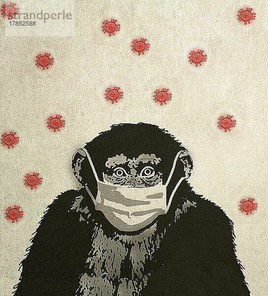 Schimpanse mit Maske umgeben von Virusorganismen