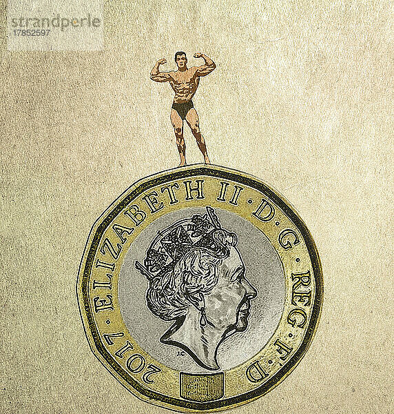 Bodybuilder posiert auf der Spitze einer Pfundmünze