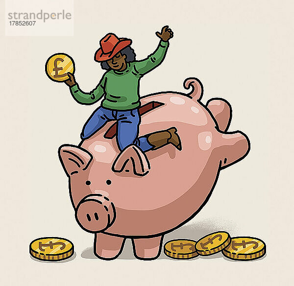 Rodeoreiterin auf Sparschwein mit Pfund-Ersparnissen