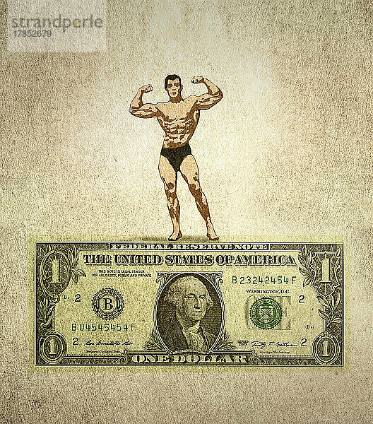 Bodybuilder posiert auf einer Dollar-Banknote