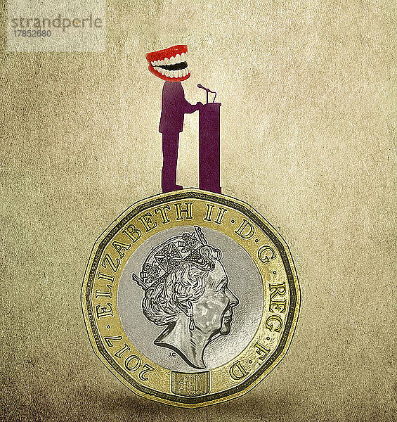 Politiker mit Klappergebiss auf einer Pfundmünze