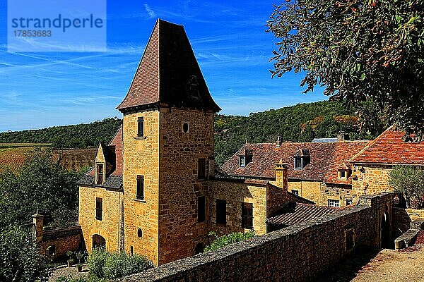 Schloss Montfort auf einem Felsen  90 Meter über der Dordogne  am Ende der berühmten Flussschleife Cingle de Montfort  Gemeinde Vitrac  Departement Dordogne  Frankreich  Europa