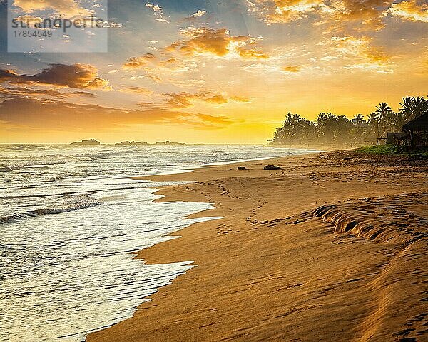 Tropischer Sonnenuntergang am Meeresstrand. Sri Lanka