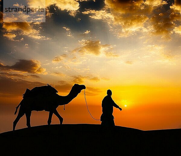 Rajasthan Reise Hintergrund  indische Kameltreiber mit Kamel Silhouette in den Dünen der Wüste Thar bei Sonnenuntergang. Jaisalmer  Rajasthan  Indien  Asien