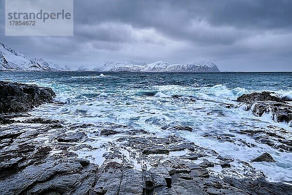 Wellen der norwegischen See  die an einer felsigen Küste im Fjord zerschellen. Vikten  Lofoten Inseln  Norwegen  Europa