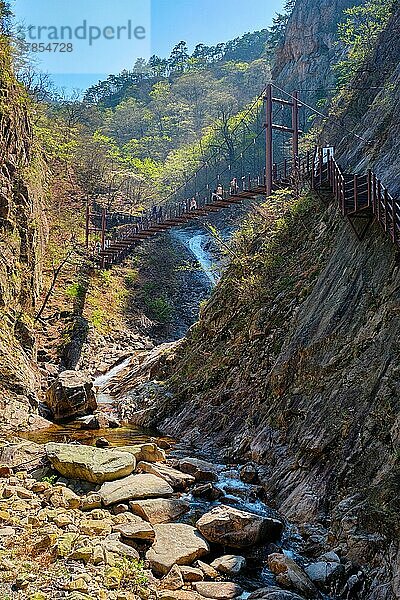 Fußgängerbrücke auf einem Wanderweg mit Wanderern  die am Biryong-Wasserfall im Seoraksan-Nationalpark in Südkorea unterwegs sind