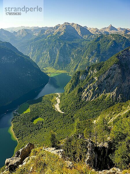 Ausblick auf den Königssee und das Steinerne Meer  Berchtesgadener Alpen  Nationalpark Berchtesgaden  Schönau am Königssee  Berchtesgadener Land  Bayern  Deutschland  Europa