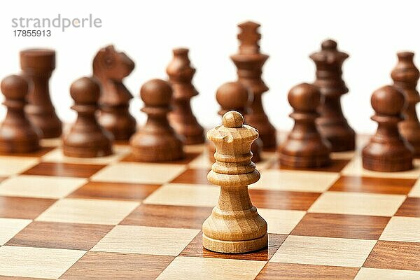 Ein König gegen alle  hölzerne Schachfiguren auf einem Schachbrett. Selektiver Fokus  geringe Schärfentiefe