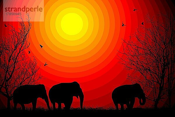 Elefanten und Bäume Silhouetten auf einem afrikanischen Sonnenuntergang Hintergrund  Vektor-Illustration