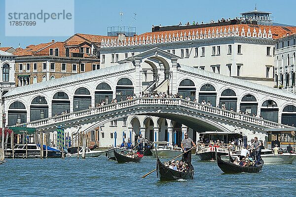 Canale Grande  Gondeln mit Touristen vor Rialto Brücke  Venedig  Veneto  Italien  Europa