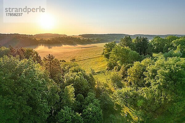 Luftbild einer Landschaft mit Wald zum Sonnenuntergang  Gechingen  Deutschland  Europa