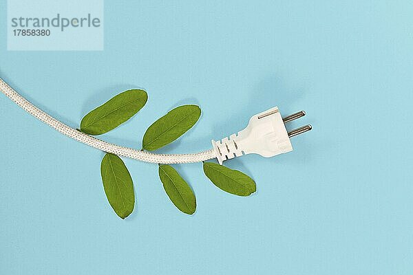 Erneuerbare Energie Konzept mit Stromkabel und Stecker mit natürlichen Blättern auf blauem Hintergrund