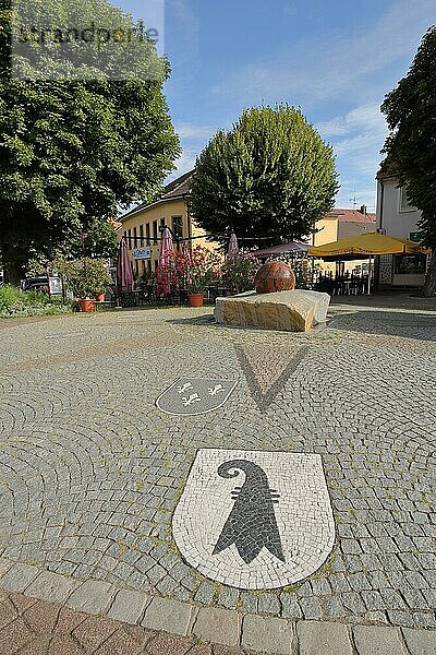 Neutorplatz mit Kugelbrunnen und Bodenmosaik als Wappen von Basler Bischöfe in Breisach  Breisgau  Baden-Württemberg  Deutschland  Europa