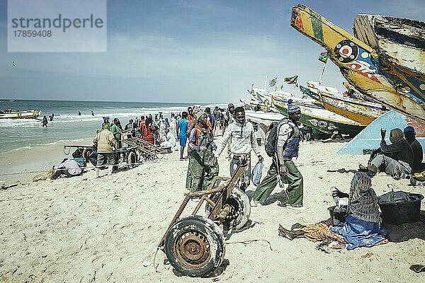 Traditioneller Fischereistrand  Plage des Pêcheurs Traditionnels  Ankunft der Fischerboote  Nouakchott  Mauretanien  Afrika